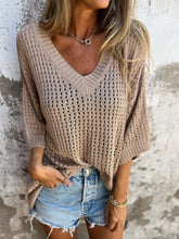 Full Size Openwork V-Neck Knit Cover Up Plus Size Tan OutfitFlow