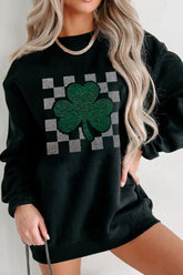 Rhinestone Checkered Lucky Clover Round Neck Sweatshirt Black OutfitFlow