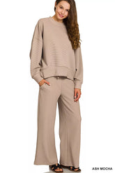 Zenana Ribbed Round Neck Pullover and Drawstring Pants Set ASH MOCHA OutfitFlow