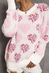 Pearl Detail Heart Round Neck Sweater Blush Pink OutfitFlow