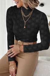 Lace Mock Neck Long Sleeve Blouse Black OutfitFlow