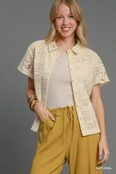 Umgee Patch Lace Short Sleeve Button Down Shirt NATURAL OutfitFlow