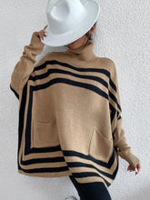 Striped Turtleneck Batwing Sleeve Sweater with Pockets Tan OutfitFlow
