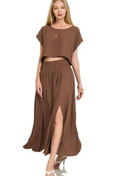 Zenana Heavy Woven Span Crop Tee & Skirt Set BROWN OutfitFlow
