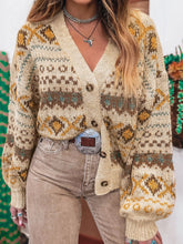 Western Pattern Knitted Button V Neck Cardigan Sweater Tan OutfitFlow