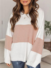 Color Block Round Neck Long Sleeve Sweater Blush Pink OutfitFlow