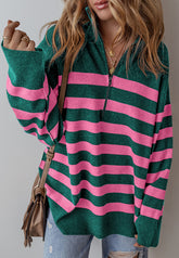 Contrast Striped Quarter Zip Long Sleeve Sweater Dark Green OutfitFlow