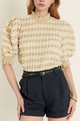 Textured Mock Neck Short Sleeve Blouse Beige OutfitFlow