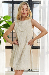 ADORA Applique Round Neck Sleeveless Shift Dress Beige OutfitFlow