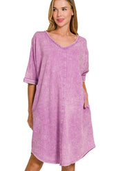Zenana Acid-washed French Terry Tee Shirts Dress B VIOLET OutfitFlow