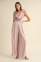 MABLE 3D Floral Applique Deep Cowl Neck Jumpsuit Dusty Mauve OutfitFlow