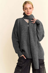 Davi & Dani V-Neck Dropped Shoulder Sweater with Scarf Set Dark Gray OutfitFlow