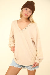 VERY J Washed V-Neck Exposed Seam Knit Top Beige OutfitFlow