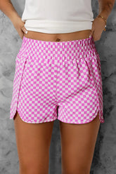 Smocked Elastic Waist Checkered Shorts Pink OutfitFlow