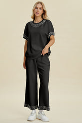 Double Take Full Size Pearl Detail Round Neck Top and Pants Set Black OutfitFlow