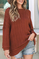 Diamond Round Neck Dropped Shoulder Sweater Rust OutfitFlow