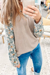 Floral Long Sleeve Round Neck Blouse Tan OutfitFlow