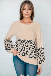 Round Neck Leopard Print Stitched Long-Sleeved Sweater Tan OutfitFlow