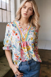 Boho Flower Print Half Puff Sleeve Blouse Floral OutfitFlow