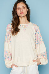 POL Round Neck Balloon Floral Long Sleeve Top Cream Multi OutfitFlow