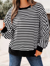 Stripe Exposed Seam Drop Shoulder Casual Pullover Top Black OutfitFlow