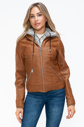 YMI Faux Layered Double-Zipper Jacket with Fuzzy Hood Camel OutfitFlow