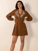 Notched Button Down Long Sleeve Mini Dress Caramel OutfitFlow