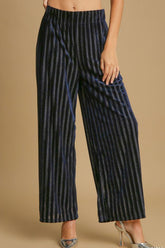 Umgee Full Size Elastic Waist Striped Wide Leg Velvet Pants Navy OutfitFlow