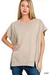 Zenana French Terry Acid Washed Hi-low Top SLEET OutfitFlow