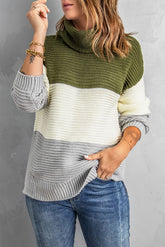 Color Block Turtleneck Long Sleeve Sweater Moss OutfitFlow
