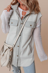 Pocketed Curved Hem Button Up Vest Light Gray OutfitFlow