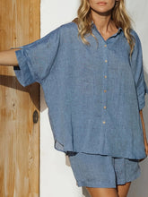 Button-Up Shirt and Shorts Set Denim Blue OutfitFlow