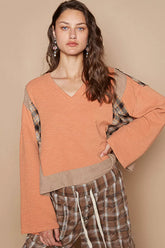 POL V-Neck Long Sleeve Plaid Contrast Top with Texture Knit Detail DRIED PAPAYA OutfitFlow