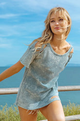 BiBi Laser Cut Mineral Washed Loose Fit Thermal Top DENIM OutfitFlow