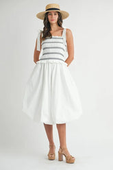 MABLE Smocked Bodice Bubble Midi Dress Off White OutfitFlow