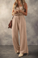Knotted Straps Button Textured Drawstring Jumpsuit Khaki OutfitFlow