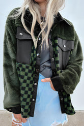 Pocketed Checkered Collared Neck Snap Down Jacket Dark Green OutfitFlow