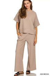 Zenana Ribbed Round Neck Tee & Pants Set ASH MOCHA OutfitFlow