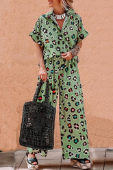 Leopard Collared Neck Top and Pants Set Sage OutfitFlow