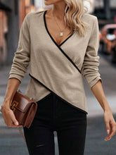 Full Size Crisscross Contrast Trim Long Sleeve T-Shirt Khaki OutfitFlow