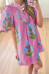 Floral Notched Summer Mini Dress with Striped Trim Fuchsia Pink OutfitFlow