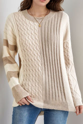 Cable-Knit Color Block Round Neck Sweater Tan OutfitFlow