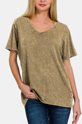 Zenana Washed Short Sleeve V-Neck T-Shirt Mocha OutfitFlow