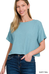 Zenana Ribbed Round-Neck Crop T-Shirt DUSTY TEAL OutfitFlow