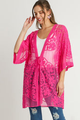 Umgee Full Size Floral Lace Open Front Kimono Sleevee Cover Up with Waist Tie Plus Size Hot Pink OutfitFlow