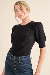 And The Why Puffed Half Sleeve Rib Basic Bodysuit Black OutfitFlow