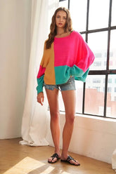 ADORA Loose Fit Colorblock Sweater CAMEL HOT PINK JADE OutfitFlow