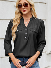 Notched Three-Quarter Sleeve Denim Top Black OutfitFlow