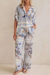 Printed Button Up Shirt and Pants Set Blue White OutfitFlow