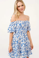 And The Why Off Shoulder Bubble Sleeve Dress White Blue OutfitFlow
